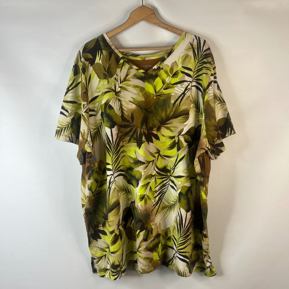 Catherines T-Shirt Women 4X Green Tropical Leaf V-Neck Short Sleeve Cotton Top
